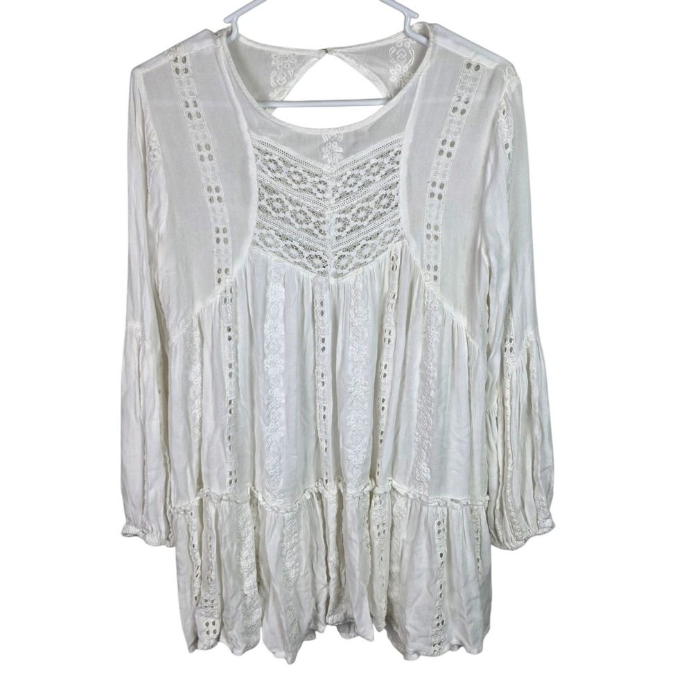 Free People Tunic Women Medium White Good Lace Crochet Eyelet Boho Peasant Top
